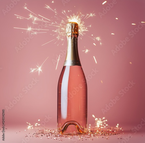Sparkling rose champagne bottle with fireworks on pink background during cele...