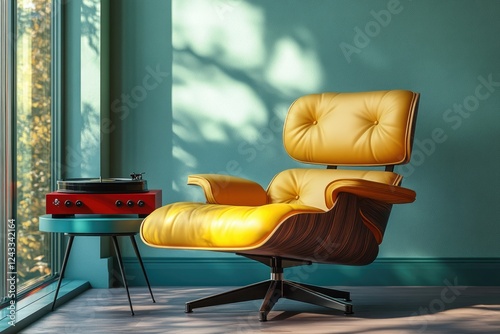 A yellow leather Eames Lounge Chair sits beside a red record player on a teal side table, bathed in sunlight. photo