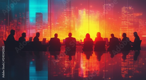 Meeting of business professionals with city skyline at sunset in modern offic...