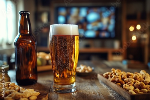 Enjoying a cold beer with snacks in a cozy living room during an evening gathering