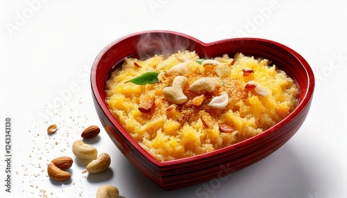 A heart-shaped bowl filled with hot, delicious sweet pongal