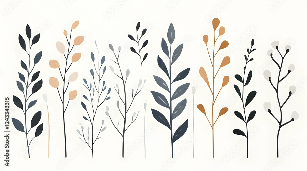 Naklejka premium Abstract plant elements collection, diverse shapes and colors, creative design resources, various stems and leaves, for graphic design projects