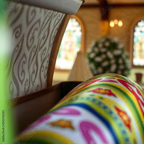 closeup shot of a colorful casket in a hearse or chapel before funeral or burial at cemetery photo