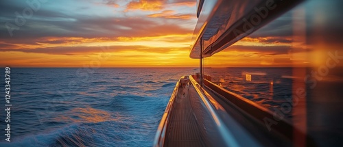 Sunset view from a luxury yacht on the ocean with vibrant colors and calm waves