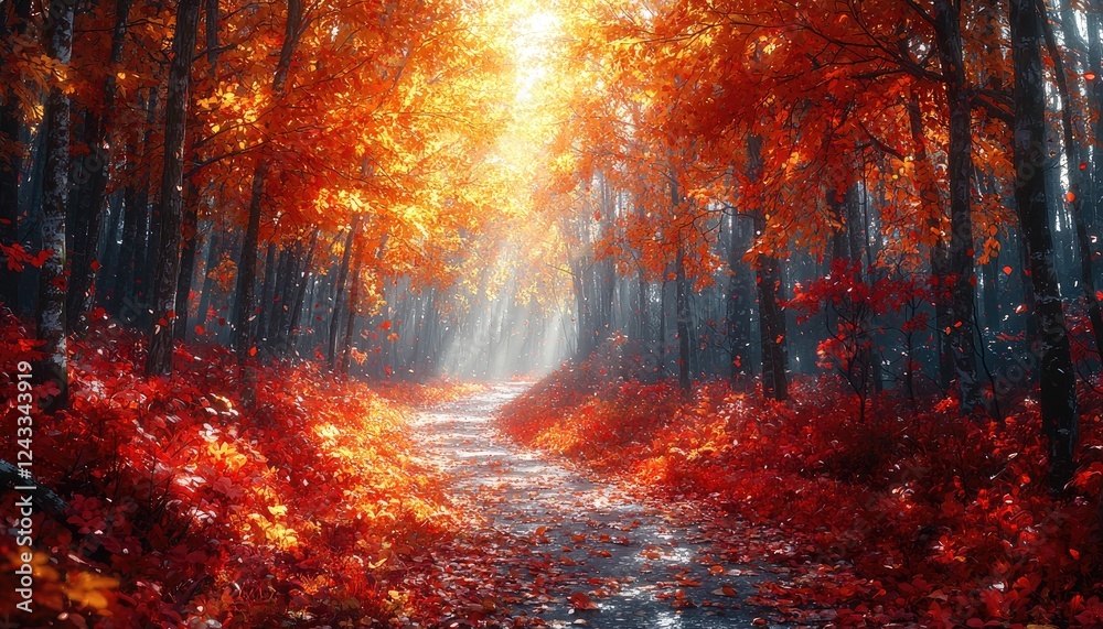Autumn Path Through a Vibrant Red Forest Autumn Path Through a Vibrant Red Forest