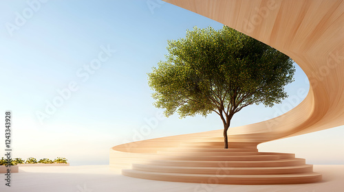 Abstract wooden spiral staircase with tree, tranquil outdoor scene, architectural design, nature integration, serenity, contemporary structure photo