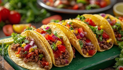 Flavorful tacos filled with ground meat and fresh vegetables served on a vibr...