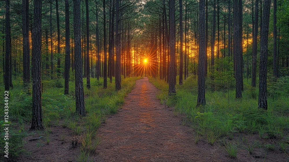 Fototapeta premium Sunset path through pine forest, nature scene