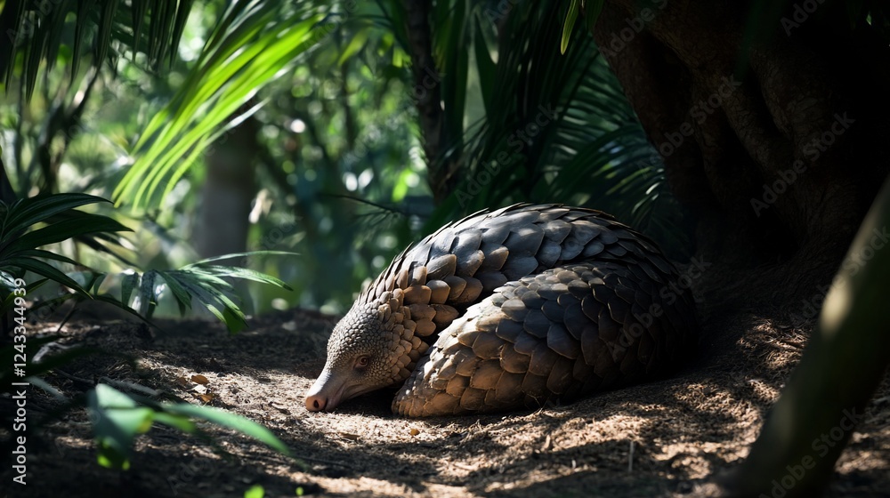 Obraz premium Pangolin resting tropical forest habitat sunlit ground