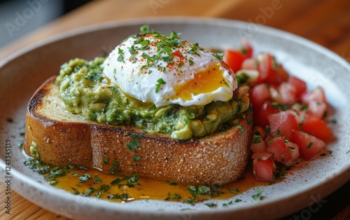Delicious poached egg on avocado toast with fresh tomato salsa served at a cafe