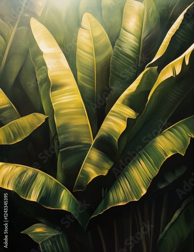 Lush green leaves illuminated by sunlight in a tropical garden