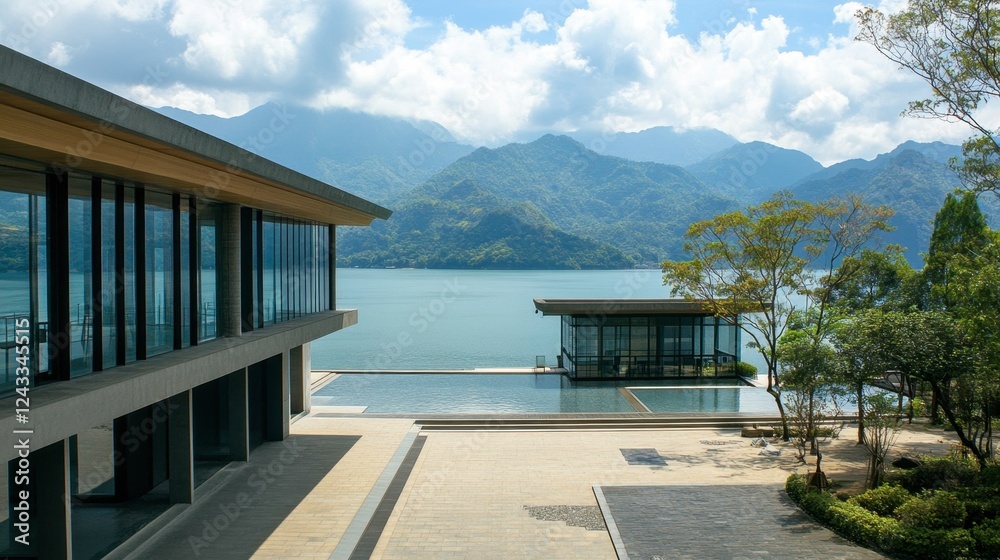 Fototapeta premium The peaceful retreat of the Xiangshan Visitor Center, with its modern architecture and panoramic views of Sun Moon Lake.