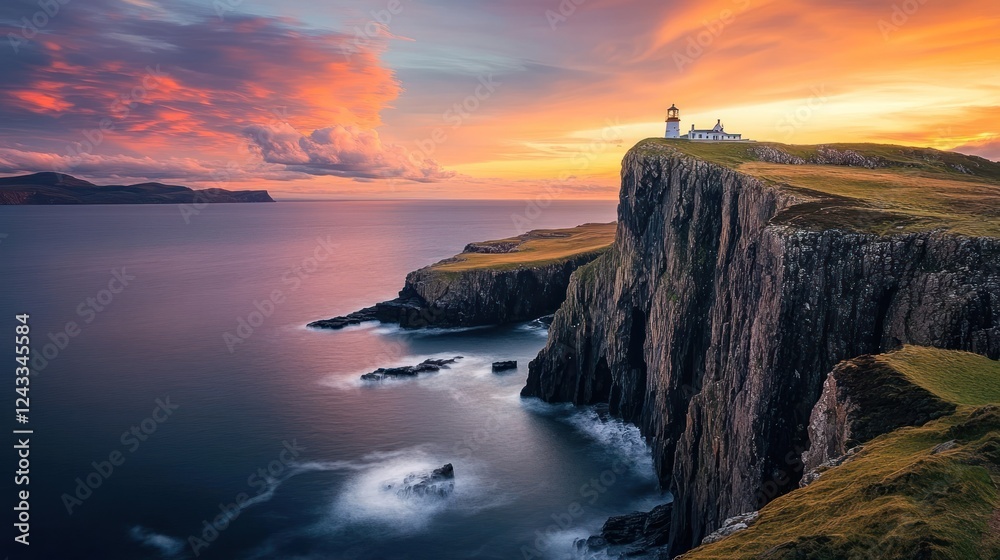 Fototapeta premium A stunning sunset over a coastal cliff with a lighthouse overlooking the ocean.