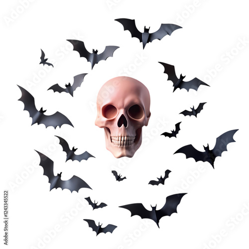 Spooky halloween skull with flying bats dark night scene 3d art fear bone on transparent background