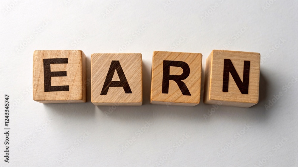 Obraz premium Colorful alphabet wood blocks arranged to spell earn showcasing creativity in business education and concepts of growth and learning.