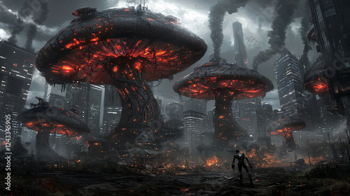 Dystopian cityscape with glowing alien mushroom structures, dark smoke, futuristic buildings, and a lone figure in the ruins photo