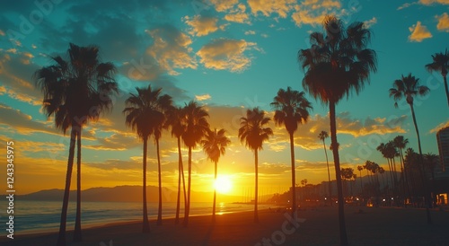 Sunset over palm trees at a beach with vibrant colors in the sky