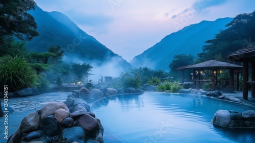 The scenic hot springs of Guguan, nestled in the mountains, offering a rejuvenating experience with stunning natural views.