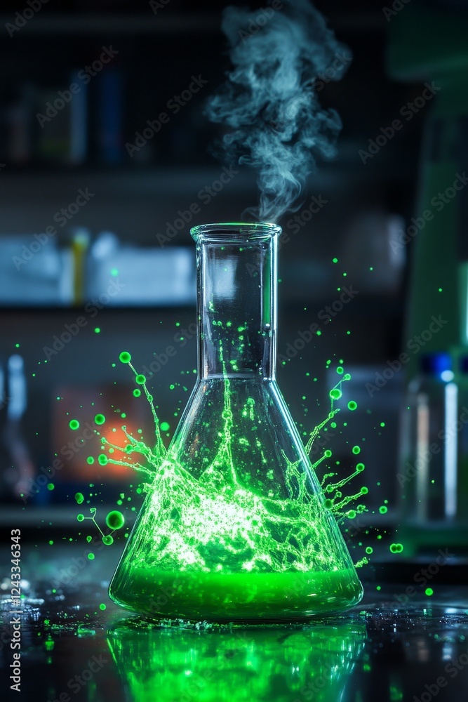 Glowing green chemical reaction in laboratory Glowing green chemical reaction in laboratory