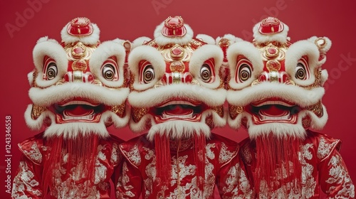 Three lion dance heads, red background, studio shot, celebration photo