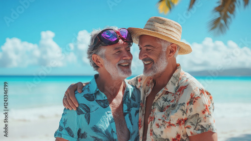 cheerful senior gay couple embraces each other with love and affection symbolizing a deep bond built on trust and mutual support.  AI generative photo