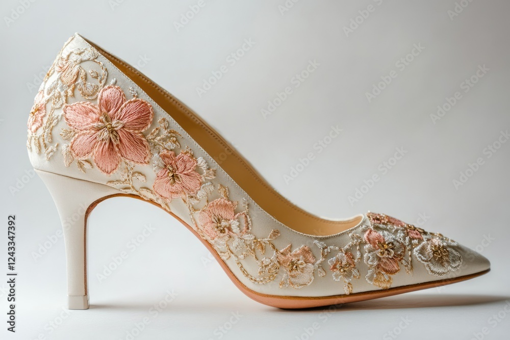 Elegant ivory high heels adorned with delicate peach and gold floral embroidery. Elegant ivory high heels adorned with delicate peach and gold floral embroidery.