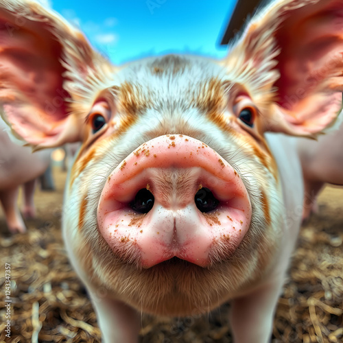 Close up of a pig s nose on a farm photo