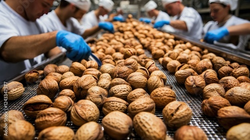 Workers in Blue Gloves Process Walnuts on a Conveyor Belt in a Food Processing Factory