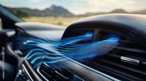 Car Interior, Close Up of Dashboard Air Vents with Dynamic Blue Air Flow, Shallow Depth of Field