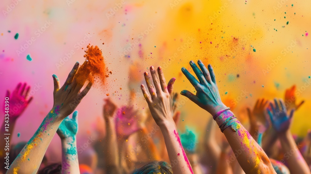 Hands of a crowd of people at the Holi festival throw colorful powders into the air