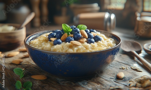 Delicious bowl of oatmeal topped with fresh blueberries and almonds in a cozy...