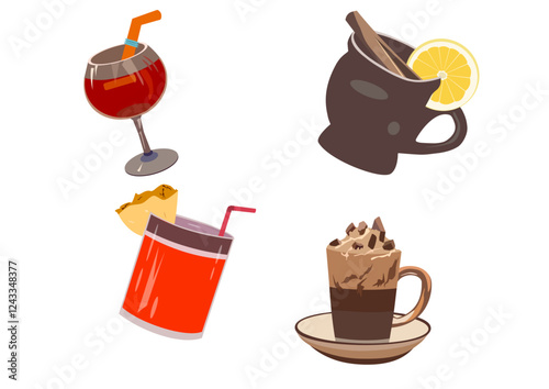 Set of different drinks: mulled wine, coffee, cocktail, tea. 