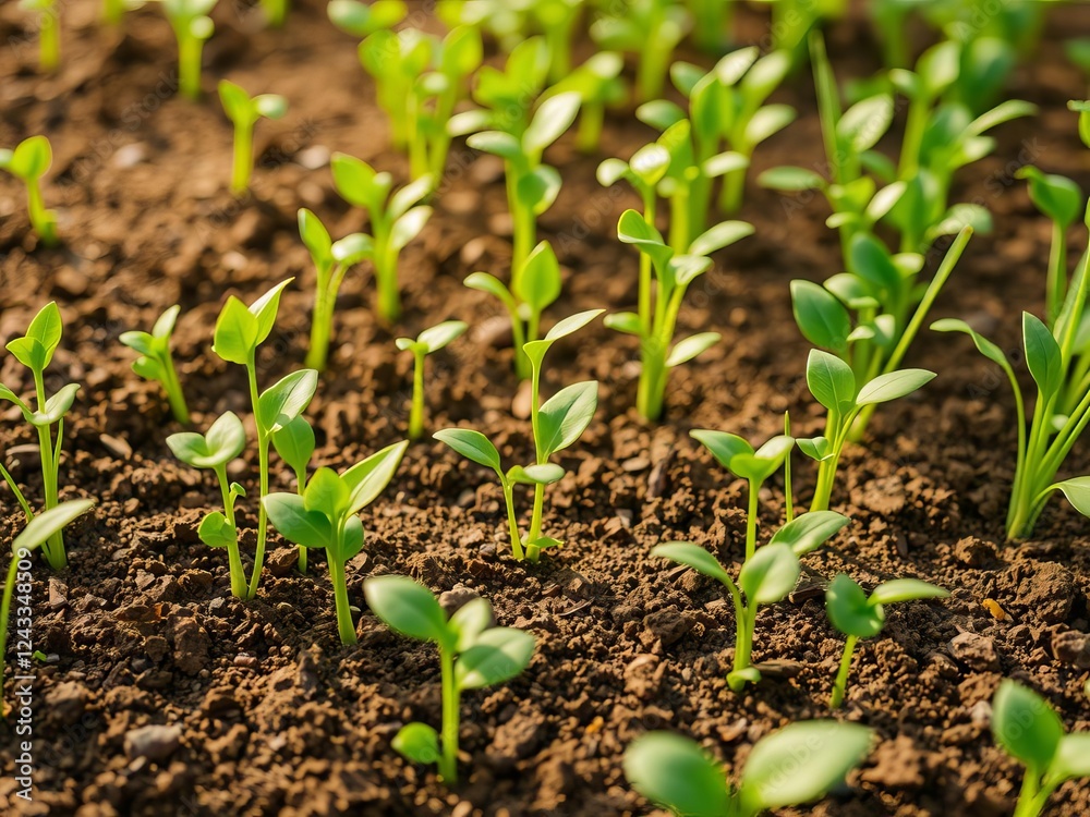 A close-up shot of vibrant fresh crop sprouts in a sustainable agricultural setting, representing the growth and potential of modern farming practices, sustainable, eco-friendly A close-up shot of vibrant fresh crop sprouts in a sustainable agricultural setting, representing the growth and potential of modern farming practices, sustainable, eco-friendly
