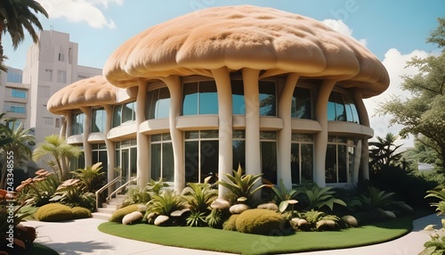 Fantástico y lujoso edificio de oficinas en forma de seta con un exterior de piel suave y una impresión acogedora que realza la atmósfera mágica y serena photo