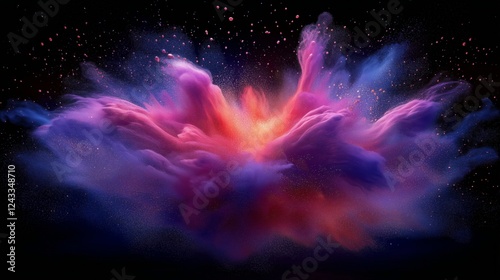 Colorful explosion of paint creating dynamic cloud forms in dark background