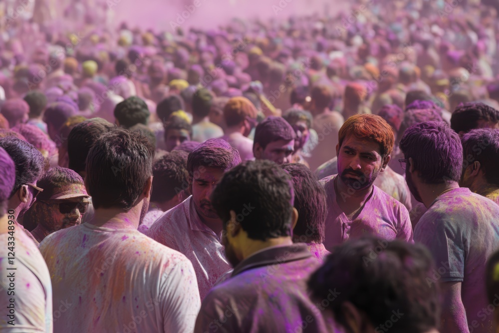 Obraz premium Hindus celebrate Holi festival, crowd of people in colorful powders