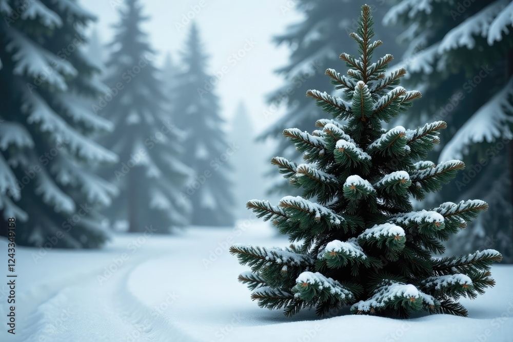 Obraz premium Spruce tree with heavy cone burden against a backdrop of snowy woods, coniferous, frosty