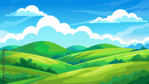 Landscape with green hills and blue sky. Vector cartoon illustration.