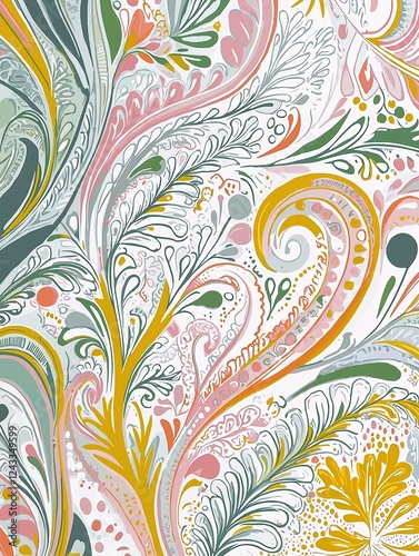 Vibrant floral patterns with swirling designs in pastel hues create an eye-catching, artistic backdrop.