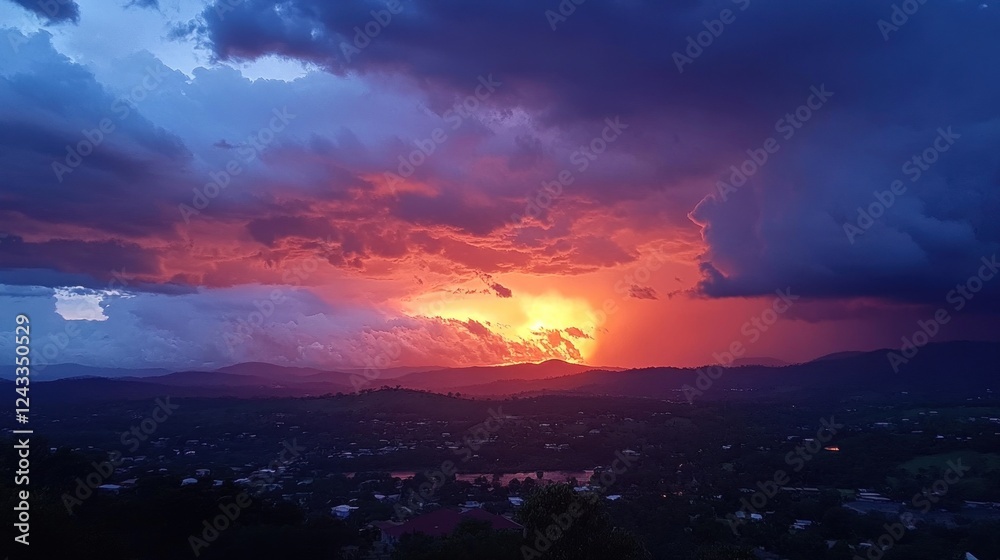 Obraz premium A stunning sunset over a valley, with dramatic clouds and vibrant colors illuminating the sky.