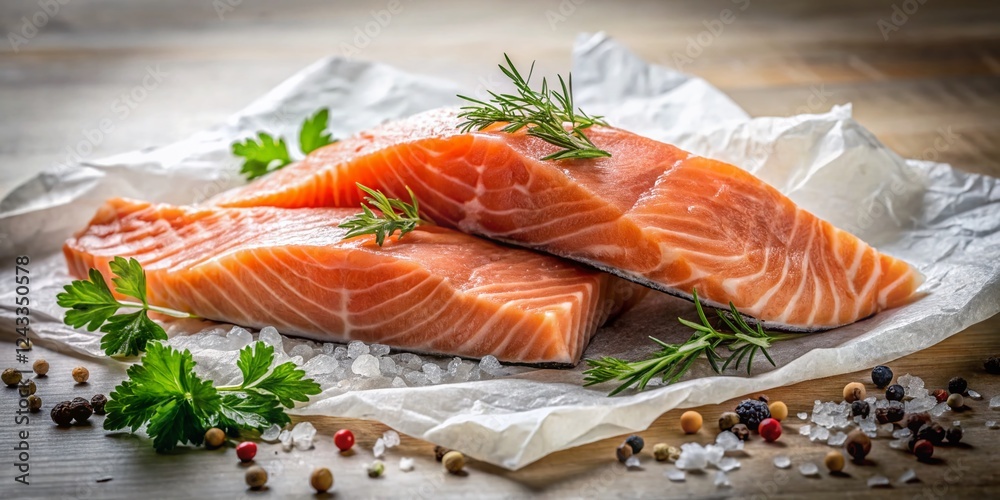 Double Exposure: Salmon Fish Pieces on Paper - Raw Seafood Stock Photo Double Exposure: Salmon Fish Pieces on Paper - Raw Seafood Stock Photo