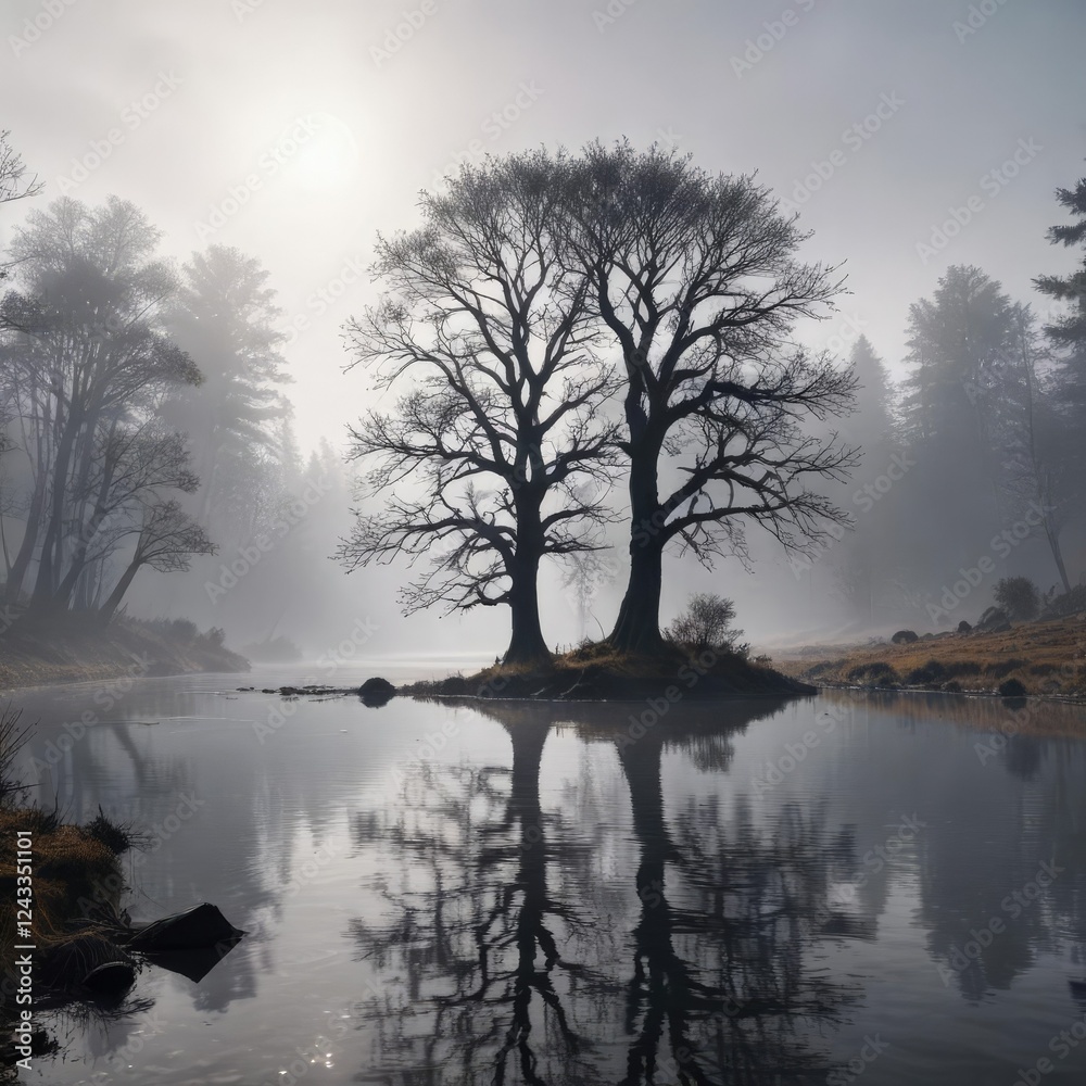 Panes tree silhouetted against foggy winter river in serene forest setting, landscape, silhouetted, nature, forest setting, foggy Panes tree silhouetted against foggy winter river in serene forest setting, landscape, silhouetted, nature, forest setting, foggy