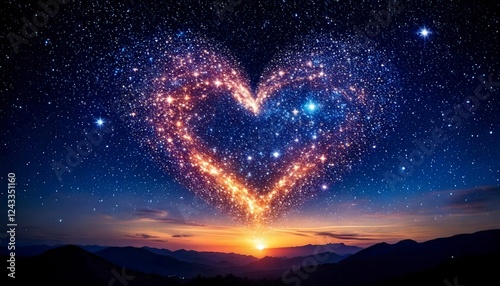 A magical night sky with glittering stars forming the shape of a heart.