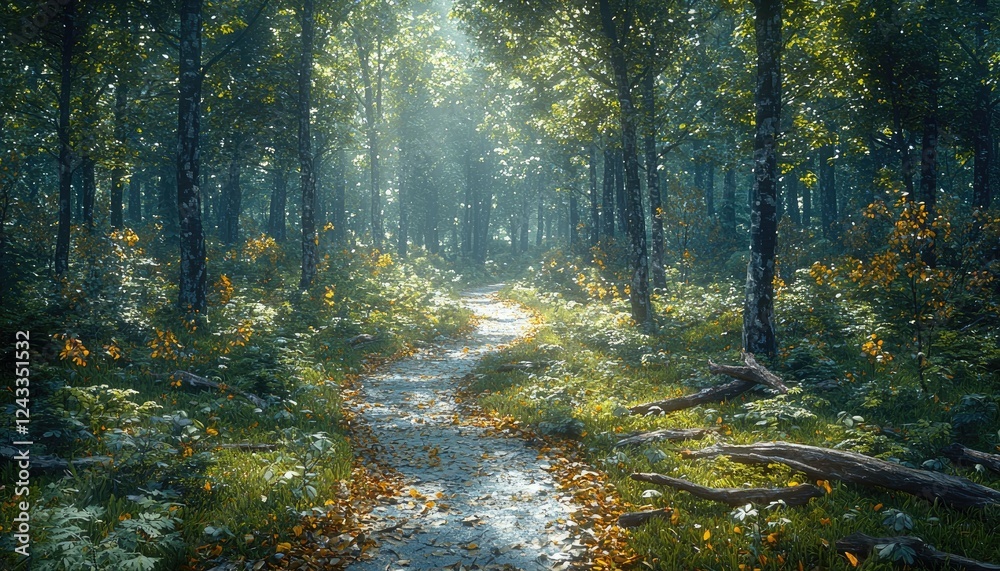 Obraz premium Sunlit Forest Path Autumn Leaves Scattered Ground