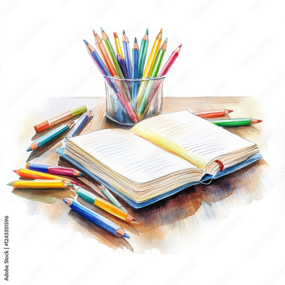 Illustration painted in boho style, vibrant color pencils displayed in jar Illustration painted in boho style, vibrant color pencils displayed in jar