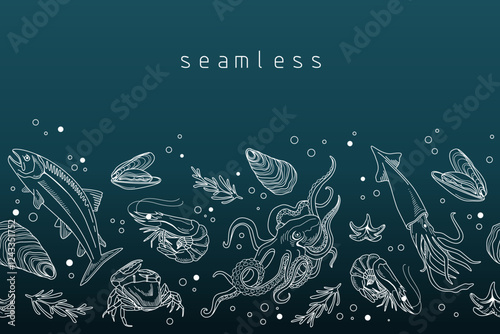 Hand drawn seamless pattern with with sea creatures. Octopus, shrimp, salmon, trout, oysters, mussels, squid, crab. Seafood vector illustration.