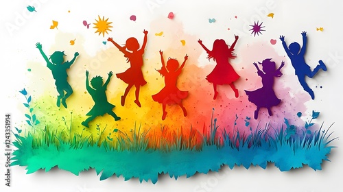 Happy children jumping with excitement, celebrating school holidays, bright and playful vector paper cut design, soft shadow effects