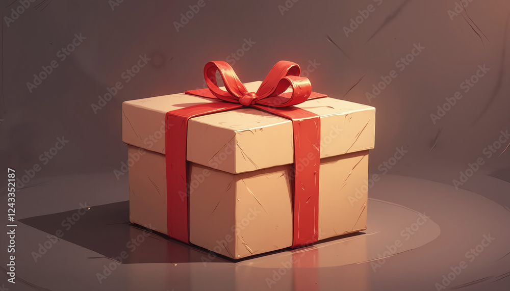 Fototapeta premium Gift box with red ribbon on neutral background, celebration concept