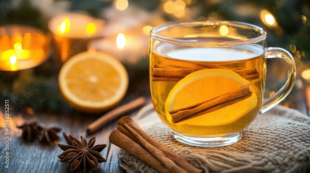 A glass cup filled with aromatic tea, garnished with slices of lemon and sprinkled with cinnamon for added flavor and warmth. A glass cup filled with aromatic tea, garnished with slices of lemon and sprinkled with cinnamon for added flavor and warmth.