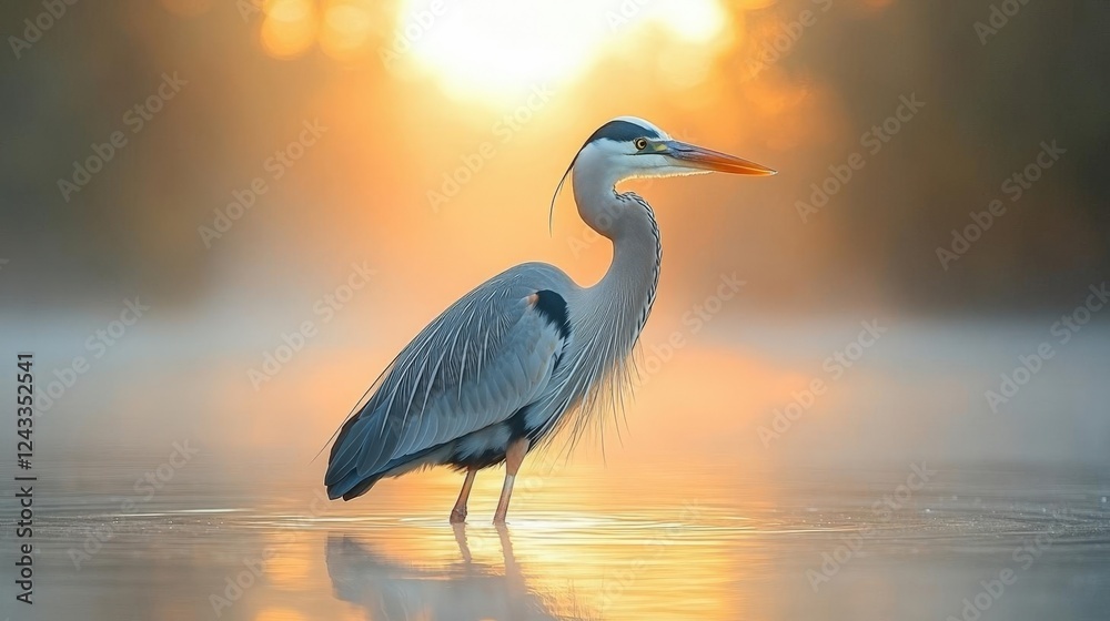 Naklejka premium Great Blue Heron at Sunrise in Misty Water